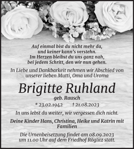 Traueranzeige von Brigitte Ruhland von Mitteldeutsche Zeitung Merseburg/Querfurt