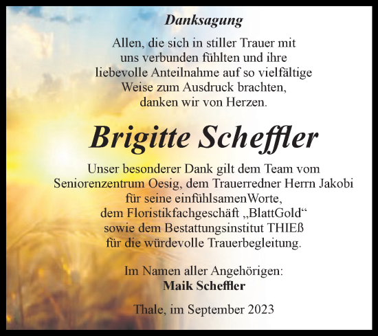 Traueranzeige von Brigitte Scheffler von Super Sonntag Quedlingburg