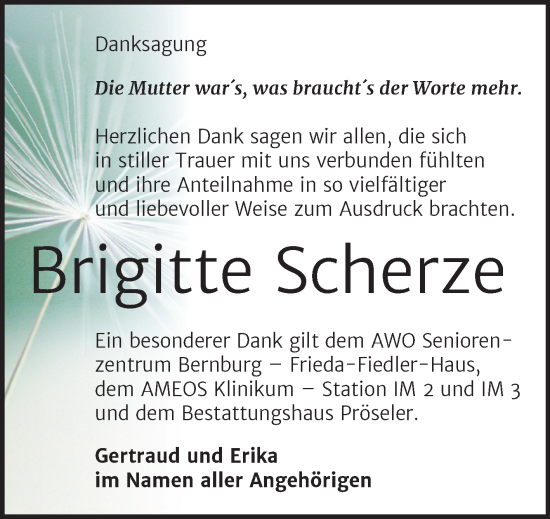 Traueranzeige von Brigitte Scherze von Trauerkombi Bernburg