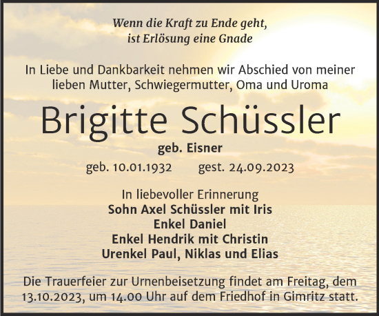 Traueranzeige von Brigitte Schüssler von Mitteldeutsche Zeitung Halle/Saalkreis