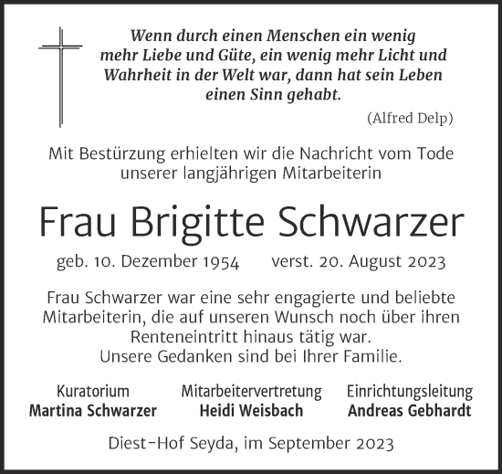 Traueranzeige von Brigitte Schwarzer 