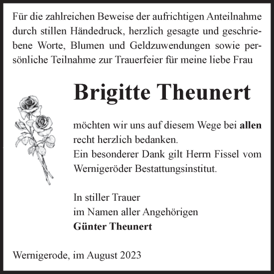 Traueranzeige von Brigitte Theunert von Volksstimme Wernigerode