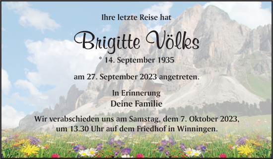 Traueranzeige von Brigitte Völks von Trauerkombi Aschersleben