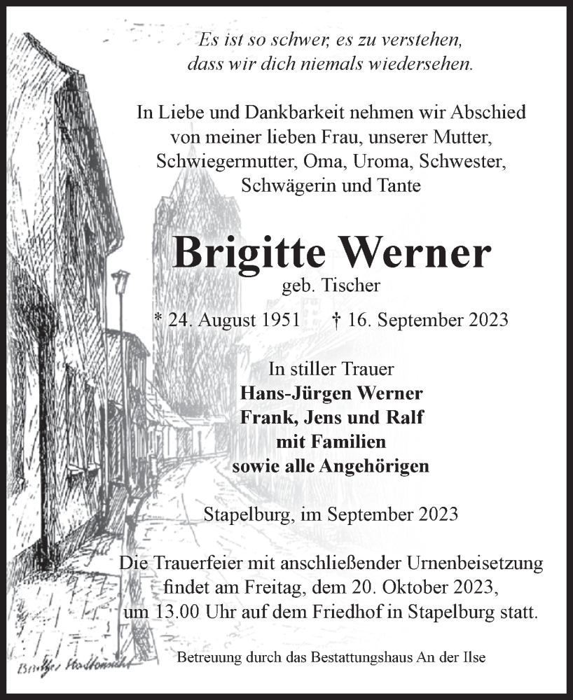  Traueranzeige für Brigitte Werner vom 23.09.2023 aus Volksstimme Wernigerode