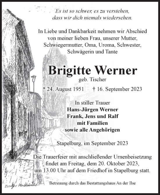 Traueranzeige von Brigitte Werner von Volksstimme Wernigerode