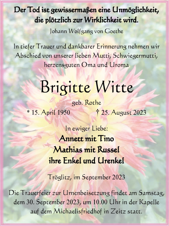 Traueranzeige von Brigitte Witte von Trauerkombi Zeitz