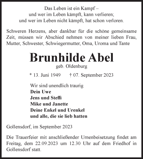 Traueranzeige von Brunhilde Abel von Volksstimme Altmark Ost