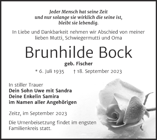 Traueranzeige von Brunhilde Bock von Trauerkombi Zeitz