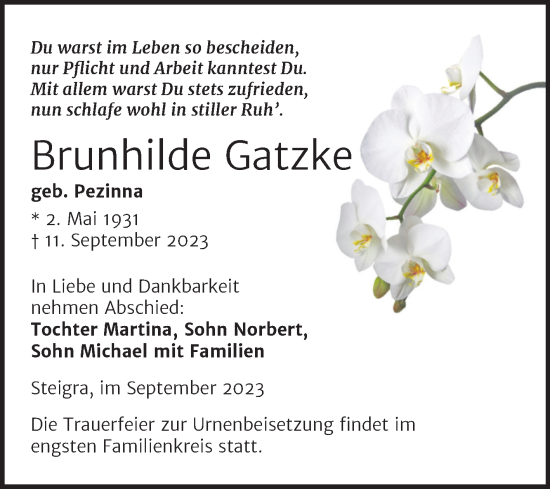 Traueranzeige von Brunhilde Gatzke von Trauerkombi Merseburg