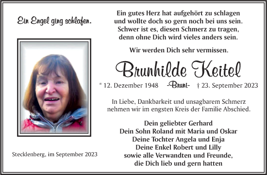 Traueranzeige von Brunhilde Keitel von Trauerkombi Quedlinburg