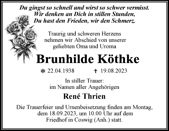 Traueranzeige von Brunhilde Köthke von Trauerkombi Wittenberg