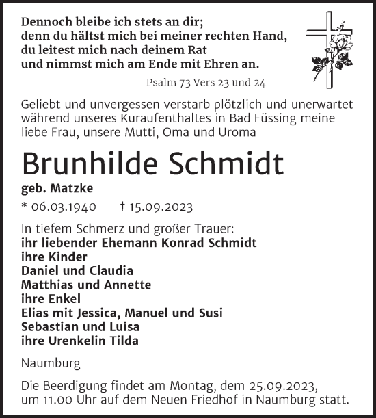 Traueranzeige von Brunhilde Schmidt von Naumburger Tageblatt