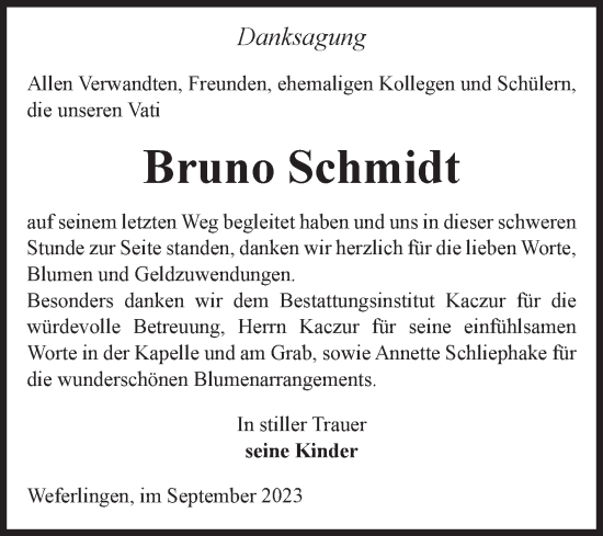 Traueranzeige von Bruno Schmidt von Volksstimme Haldensleben/Wolmirstedt