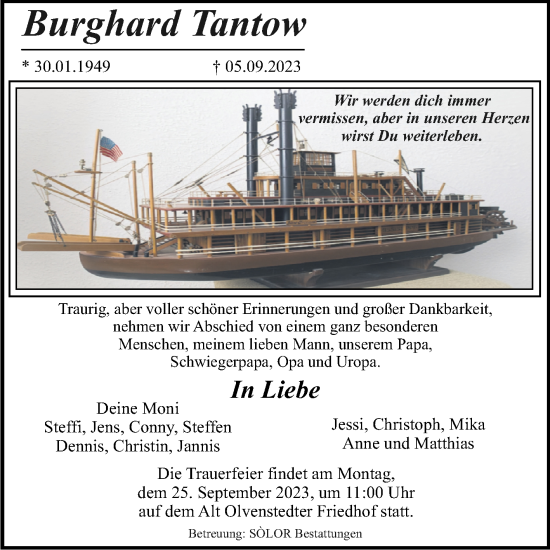 Traueranzeige von Burghard Tantow von Volksstimme Magdeburg