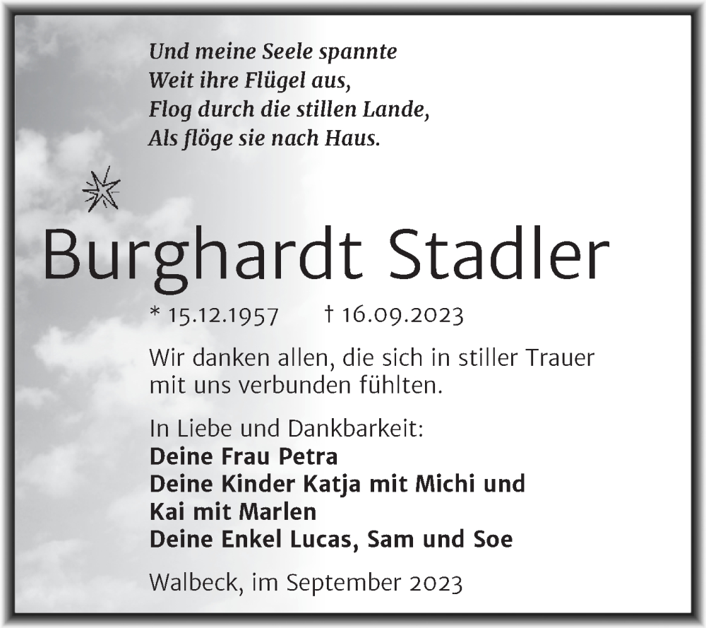  Traueranzeige für Burghardt Stadler vom 30.09.2023 aus Trauerkombi Mansfelder Land