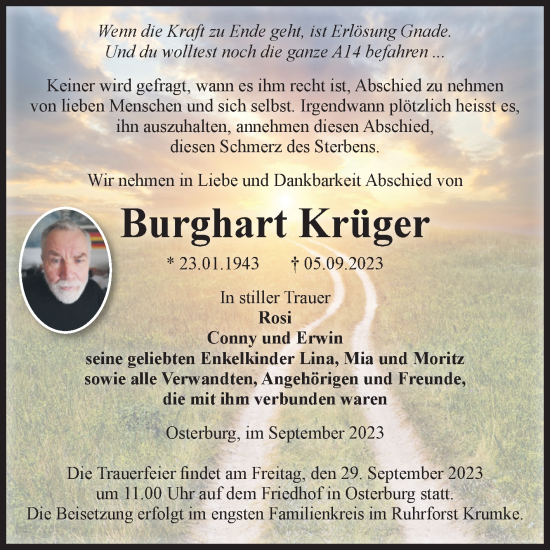 Traueranzeige von Burghart Krüger von Volksstimme Altmark Ost