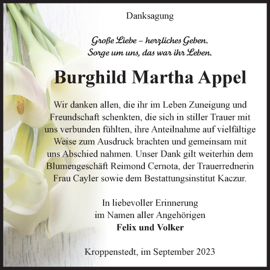Traueranzeige von Burghild Martha Appel von Volksstimme Oschersleben/Wanzleben