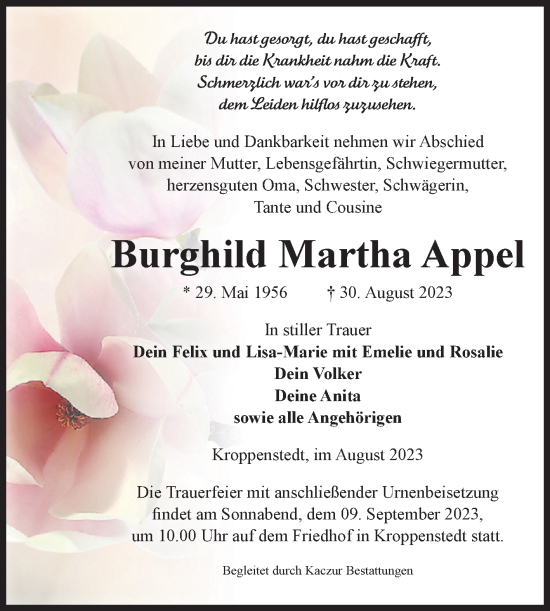 Traueranzeige von Burghild Martha Appel von Volksstimme Oschersleben/Wanzleben