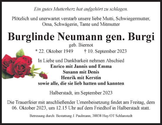 Traueranzeige von Burglinde Neumann von Volksstimme Halberstadt