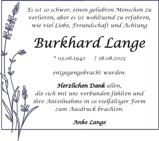 Traueranzeige von Burkhard Lange von Volksstimme Haldensleben/Wolmirstedt