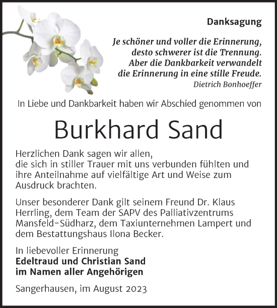 Traueranzeige von Burkhard Sand von Trauerkombi Sangerhausen