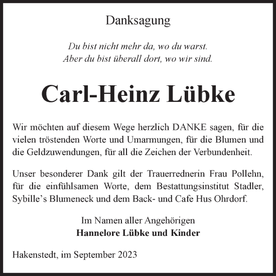 Traueranzeige von Carl-Heinz Lübke von Volksstimme Haldensleben/Wolmirstedt