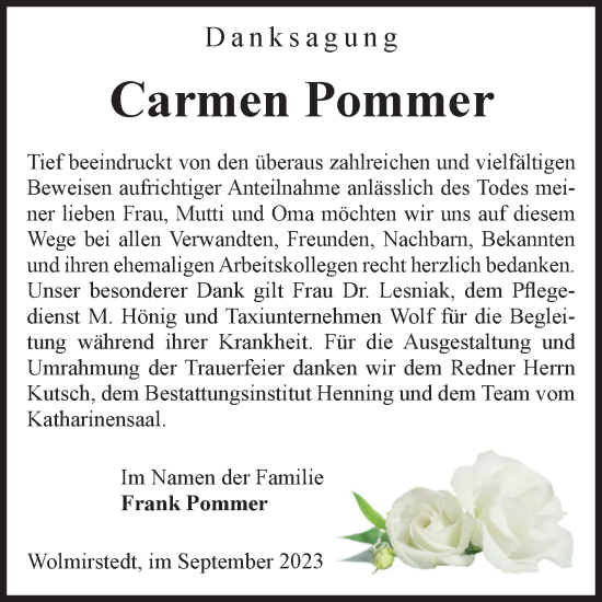 Traueranzeige von Carmen Pommer von Volksstimme Haldensleben/Wolmirstedt