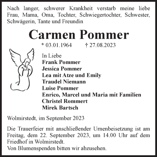 Traueranzeige von Carmen Pommer von Volksstimme Haldensleben/Wolmirstedt
