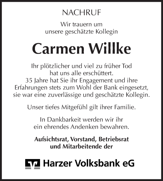 Traueranzeige von Carmen Willke von Volksstimme Wernigerode