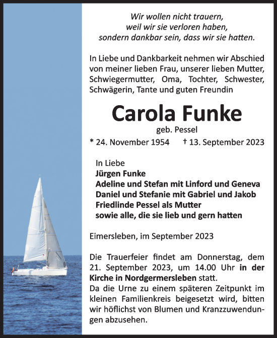 Traueranzeige von Carola Funke von Volksstimme Haldensleben/Wolmirstedt