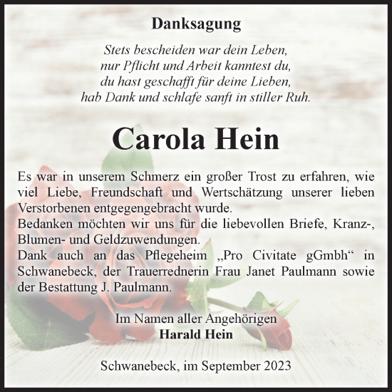 Traueranzeige von Carola Hein von Volksstimme Oschersleben/Wanzleben