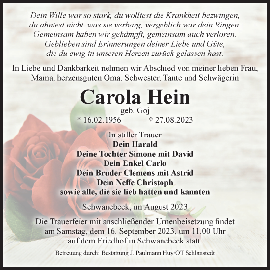 Traueranzeige von Carola Hein von Volksstimme Oschersleben/Wanzleben
