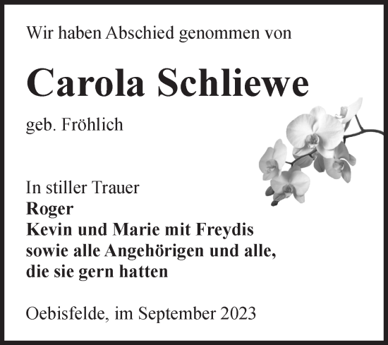 Traueranzeige von Carola Schliewe von Volksstimme Altmark West