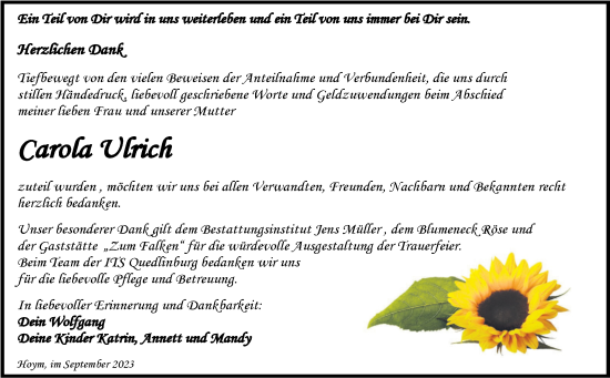 Traueranzeige von Carola Ulrich von Trauerkombi Aschersleben