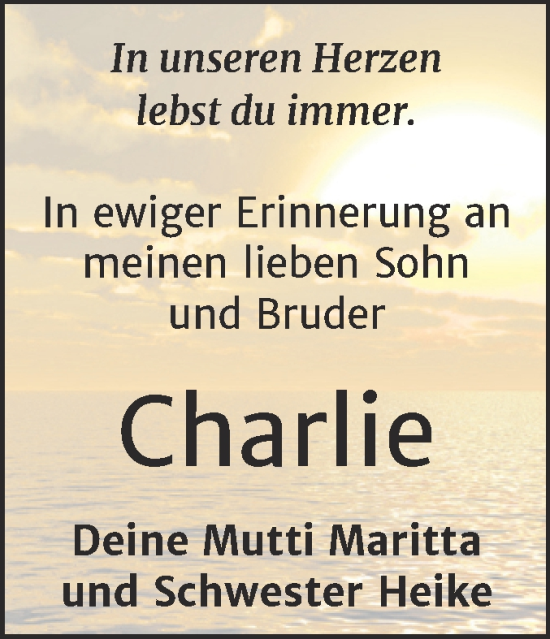 Traueranzeige von Charlie  von Wochenspiegel Naumburg/Nebra