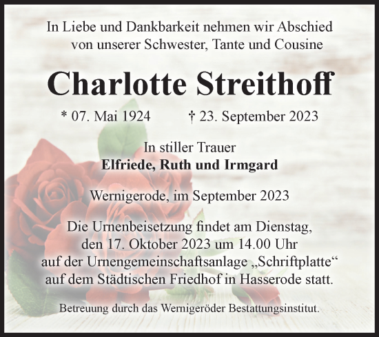 Traueranzeige von Charlotte Streithoff von Volksstimme Wernigerode
