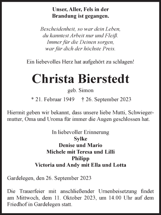 Traueranzeige von Christa Bierstedt von Volksstimme Altmark West