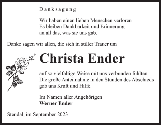 Traueranzeige von Christa Ender von Volksstimme Altmark Ost