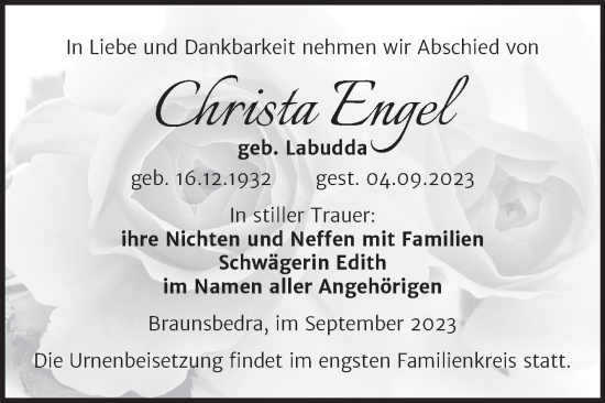Traueranzeige von Christa Engel von Trauerkombi Merseburg
