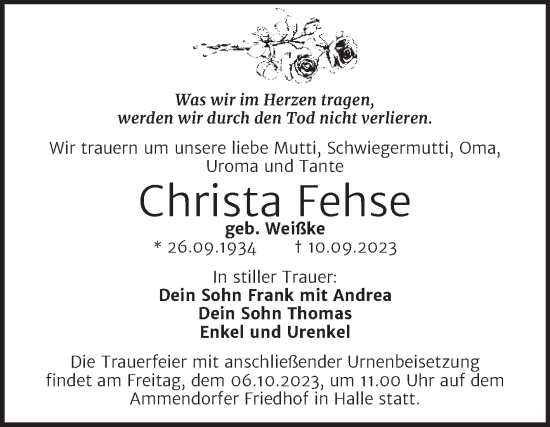 Traueranzeige von Christa Fehse von Mitteldeutsche Zeitung Halle/Saalkreis