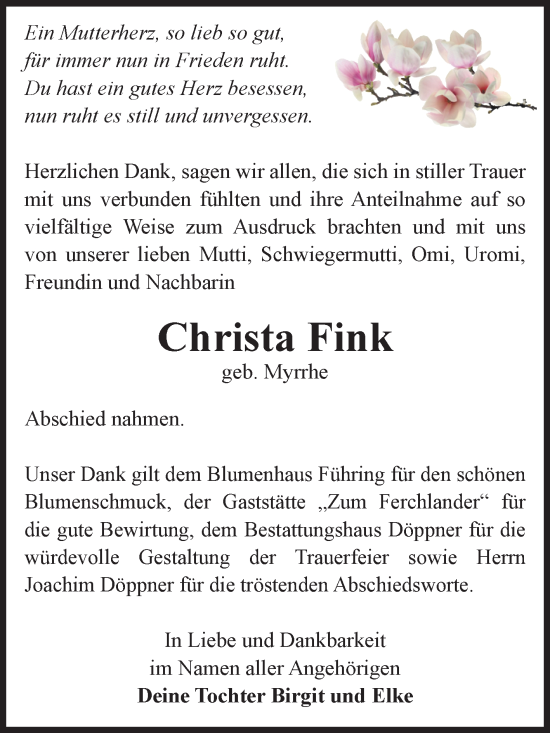 Traueranzeige von Christa Fink von Volksstimme Magdeburg