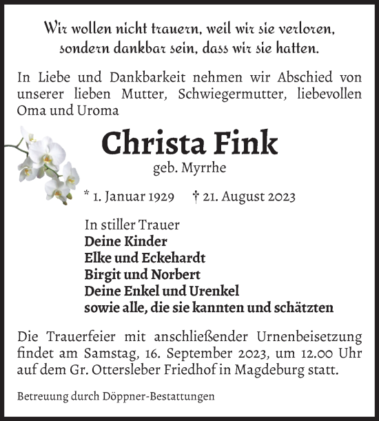 Traueranzeige von Christa Fink von Volksstimme Magdeburg