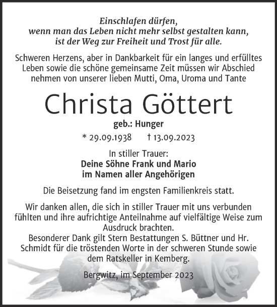 Traueranzeige von Christa Göttert von Trauerkombi Wittenberg