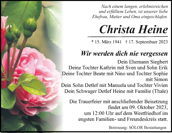 Traueranzeige von Christa Heine von Volksstimme Magdeburg