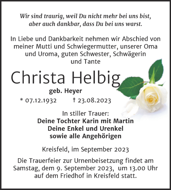 Traueranzeige von Christa Helbig von Trauerkombi Mansfelder Land