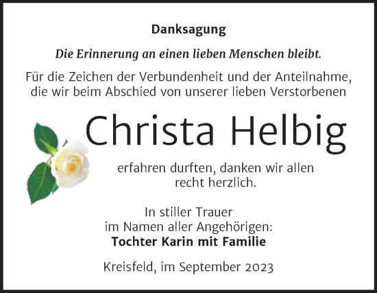 Traueranzeige von Christa Helbig von Trauerkombi Mansfelder Land