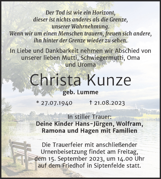 Traueranzeige von Christa Kunze von Trauerkombi Quedlinburg