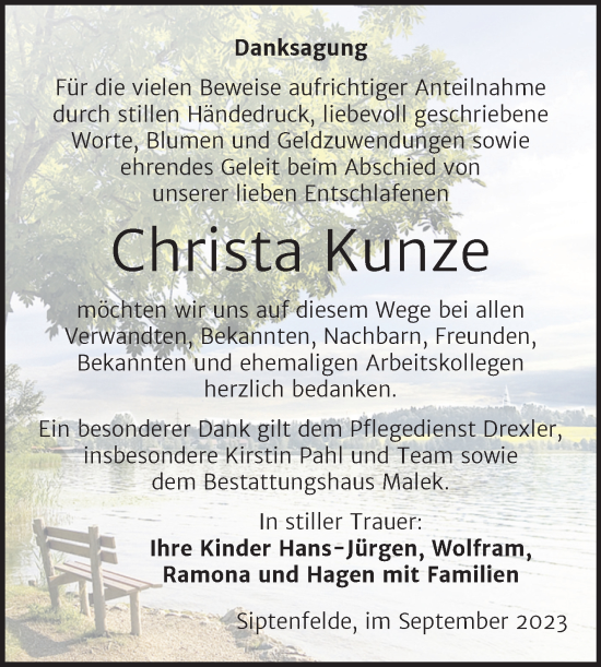 Traueranzeige von Christa Kunze von Trauerkombi Quedlinburg
