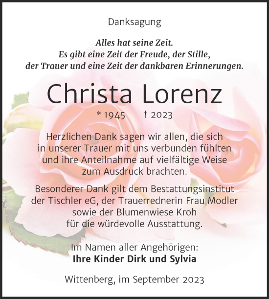 Traueranzeige von Christa Lorenz von Trauerkombi Wittenberg