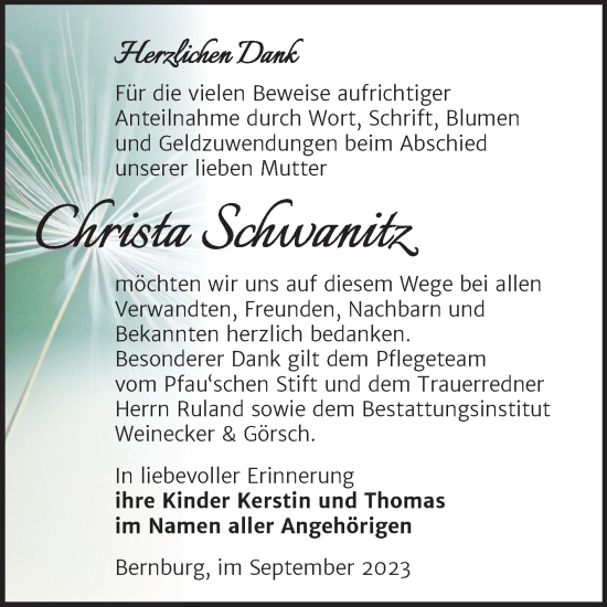 Traueranzeige von Christa Schwanitz von Trauerkombi Bernburg